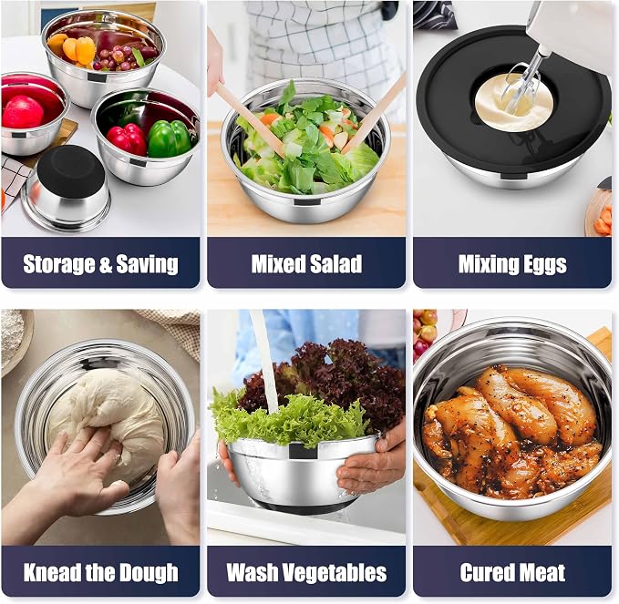E-far Stainless Steel Mixing Bowls with Lids Set, 5-Piece Nesting Salad Bowls with 3 Grater Attachments and Non-Slip Bottoms, Size 4.6, 2.6, 2, 1.5, 1QT for Kitchen (Black)