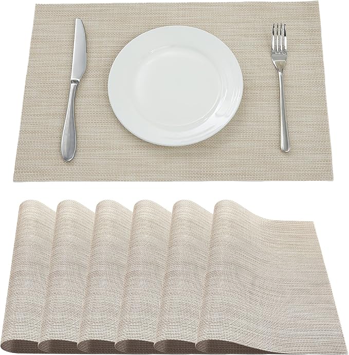 Table Placemats Dining Table Place Mats Set of 6 Heat Resistant Insulation Non-Slip Vinyl for Kitchen Dining Room 18" * 12" Beige