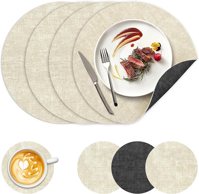 NCUE 13" Faux Leather Round Placemats Set of 4, Reversible Dual-Color | With 3.9" Coasters, 2 mm Vinyl Table Mats, Waterproof Wipeable Heat Resistant, Non-Slip Texture, for Dinner Party Home Decor
