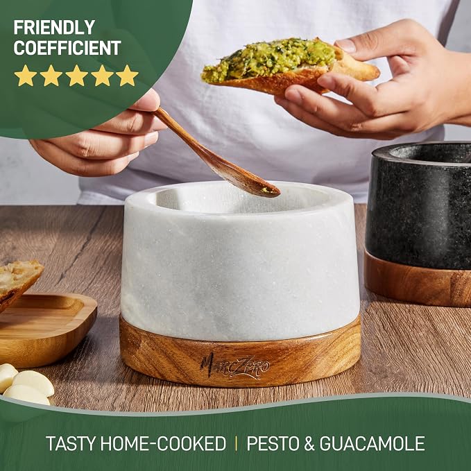 MarcZero 6inch Large Mortar and Pestle Set with Anti-Scratch Wooden Base | Heavy Duty Mortar and Pestle Made of Natural Marble(White)