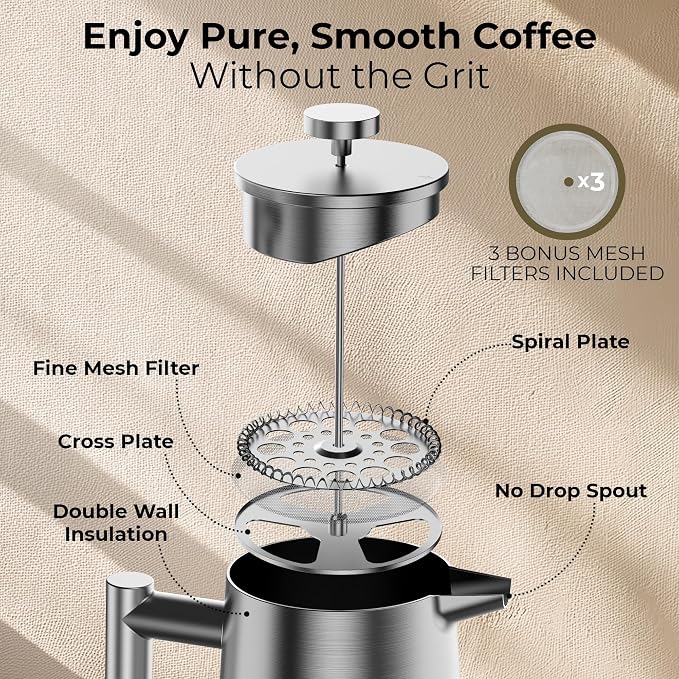 French Press Coffee Maker, Stainless Steel French Press 34 Oz / 1L, Double Wall Insulated Coffee Press with 3 Extra Mesh Filters, Metal Coffee Maker for Coffee & Tea, Satin Finish, Silver