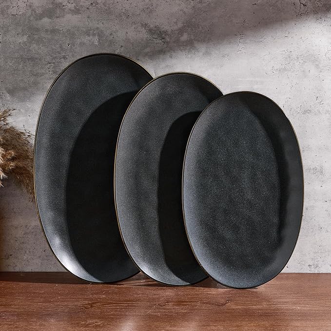 famiware Serving Platters Set of 3 Sizes - Oval, Matte Dark Charcoal | 15.59"/14.3"/12.9" Fine Stoneware Serving Trays for Party, Entertaining for Food, Turkey, Cheese, Microwave Dishwasher Safe