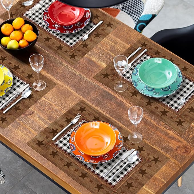 Western Texas Star Placemats for Dining Table Set of 4，Buffalo Plaid Country Wooden Plank Table Mats 18 x12 Inch Non-Slip Dining Table Place Mats for Party Kitchen Indoor Decor