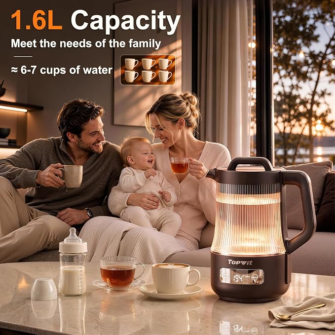 TOPWIT 1.6L Smart Glass Electric Kettle with Temperature Control ±9℉ | Removable Stainless Steel Tea Infuser, Digital Touchscreen, 12 Hours Keep Warm, Auto Shut-Off, Ideal For Family Use, Grey
