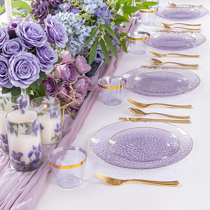 Rubtlamp 175 Pcs Purple Plastic Dinnerware Set (25 Guests), Clear Purple Plates With Gold Rim, Hammered Party Platos, Plates And Cups And Napkins Sets for Wedding, Party&Graduation