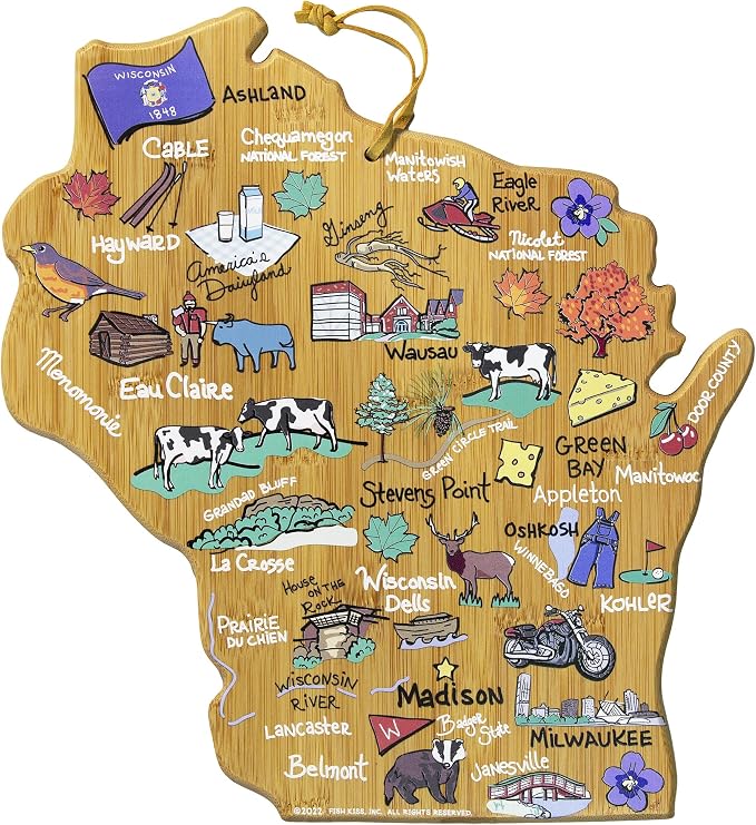 Totally Bamboo Wisconsin State Shaped Cutting Board, Art by Fish Kiss | State charcuterie board with colorful hand-drawn map artwork. Smooth reverse side for food prep. Hang tie for wall display.