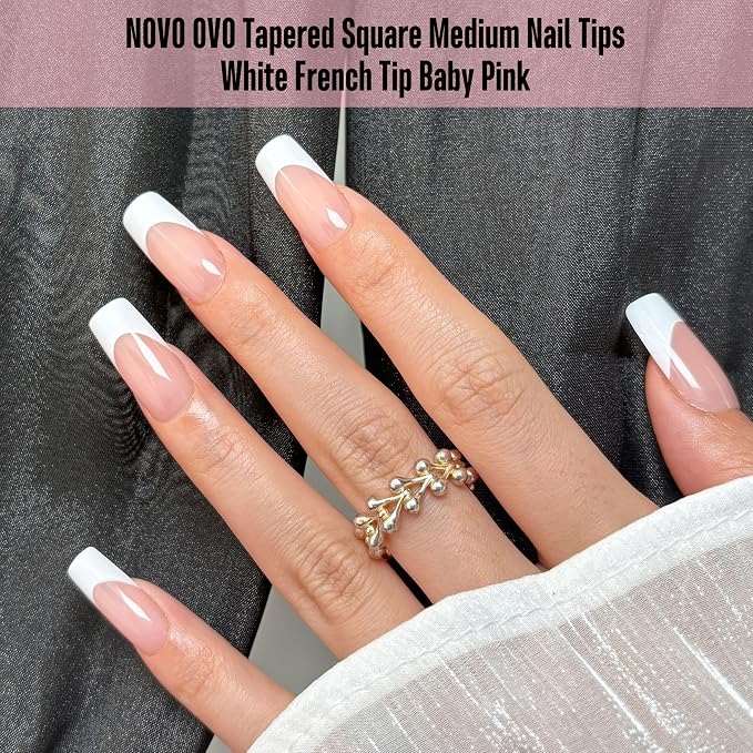 NOVO OVO White French Tip Medium Square Nail Tips Press on BABY PINK, Extra Thick Soft Gel Fake Nail Acrylic Extension, Need Builder Gel Top Coat, No Glue Included, for Salon DIY 15 Sizes x 240 pcs