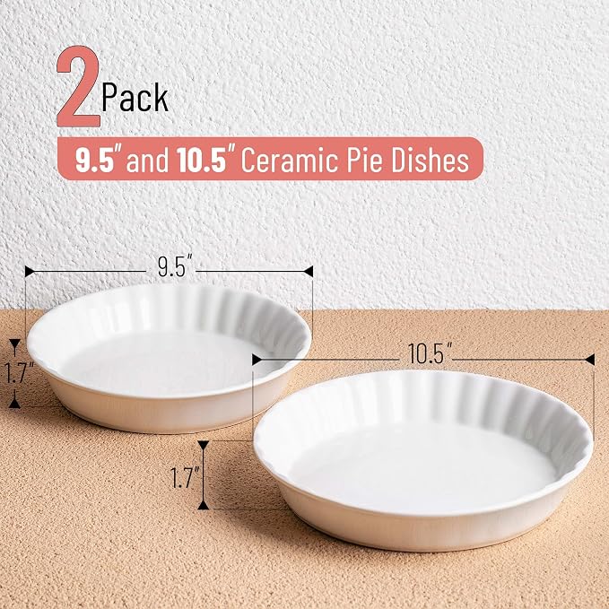 Brew To A Tea BTaT- Ceramic Pie Pan for Baking, 2 Pack, 10.5" & 9.5", Porcelain Ceramic Pie Plate for Salad, Pasta, Fruit and Tart, Freezer, Oven, Microwave and Dishwasher Safe