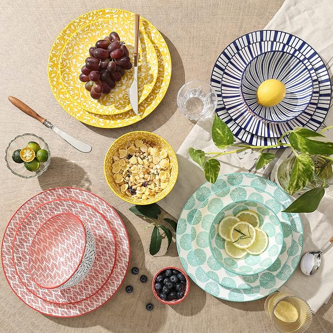 Selamica Ceramic Dinnerware Sets, 12-Pieces Plates and Bowls Sets, Scratch Resistant Dishes set for 4, Dishwasher & Microwave Safe, Assorted Colors