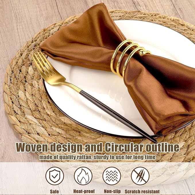 Kochorie Set of 24 Round Woven Placemats 13.8 Inches Bulrush Placemats Natural Hand-Woven Boho Rattan Placemats Wicker Table Mats Farmhouse Weave Place Mats for Home Dining Table