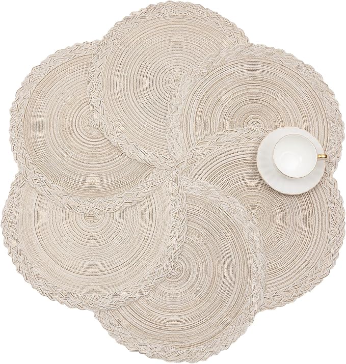 SHACOS Round Placemats Set of 4 Boho Braided Border 15 inch Circle Place Mats Washable Fabric Table Mats for Kitchen Dining Table, Ivory (Pack of 2)