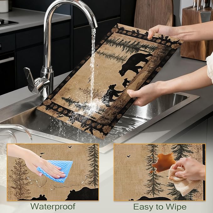 Bear Family Cloth Placemats,Vintage Forest Wildlife Heat-Resistant Table Placemats Set of 6, Washable Linen Place Mats for Dining Room Table Decor Home Restaurant Cafes Holiday Party 11.8x17.7 Inch