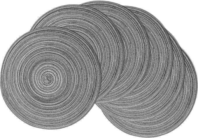 MIAOMIAO Round Placemats Set of 6 Woven Braided Place Mats(Black Gray) | 14.5 Inch Cotton Polyester Braided Dining Table Decor Mats Protecting Your Table from Spills & Stains Heat Resistant