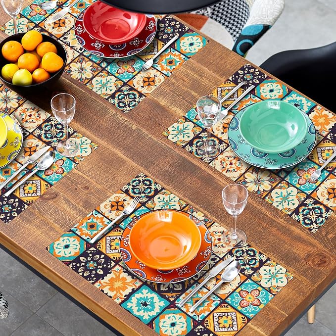 Boho Floral Placemats Set of 4, Retro Flower Geometric Place Mat Bohemian Floral Cloth Tablemats Non-Slip Washable Tabletop Mat 12x18 Inch for Indoor Outdoor Dining Party Table Decor