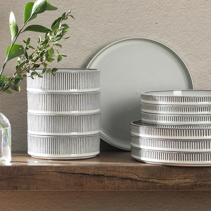 Gibson Elite 12 Piece (Service for 4) Townscape Plates and Bowls Reactive Glaze Embossed Round Dishes Terracotta Ceramic Dinnerware Set - Cream White
