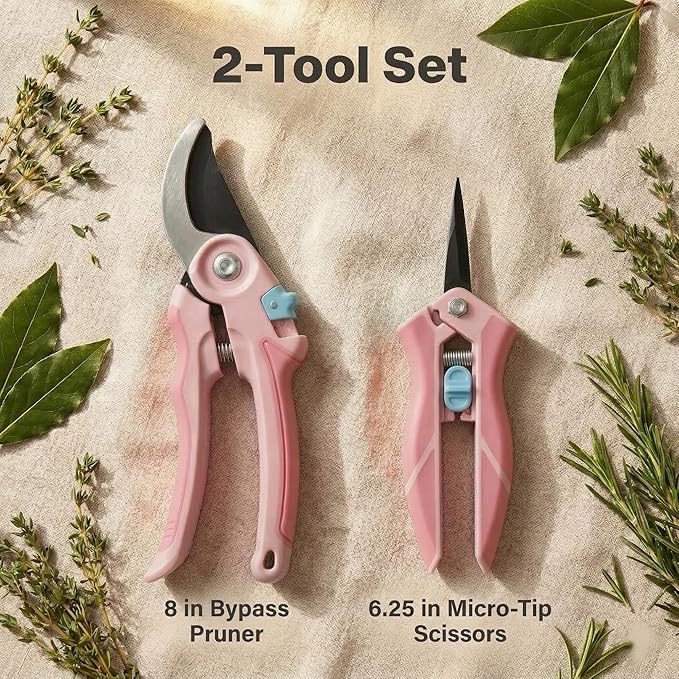 NEXON Pruning Shears 2-Pack — 8" Bypass Hand Pruner & 6.25" Precision Snips, SK5 Steel Blades with Non-Stick Coating, Lightweight Garden Shears for Roses, Flowers & Shrubs, Pink