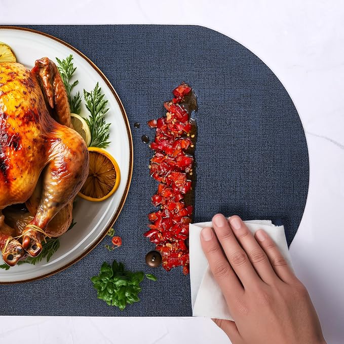 DOLOPL Oval Placemats Set of 6, Navy Blue Faux Leather Table Place Mats | Reversible, Wipeable & Washable, Heat Resistant, Waterproof, 17"x11.8", Modern Neutral Style for Kitchen, Dining Table