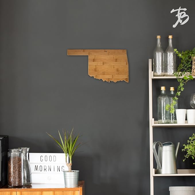 Totally Bamboo Oklahoma State Shaped Bamboo Serving and Cutting Board | State charcuterie board with natural bamboo grain. Knife-friendly surface for food prep. Hang tie for wall display.