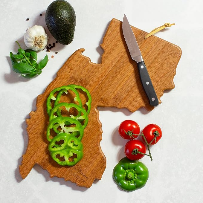 Totally Bamboo New Jersey State Shaped Cutting Board, Summer Stokes Art | State charcuterie board with colorful hand-drawn landscape art. Smooth reverse side for food prep. Hang tie for wall display.
