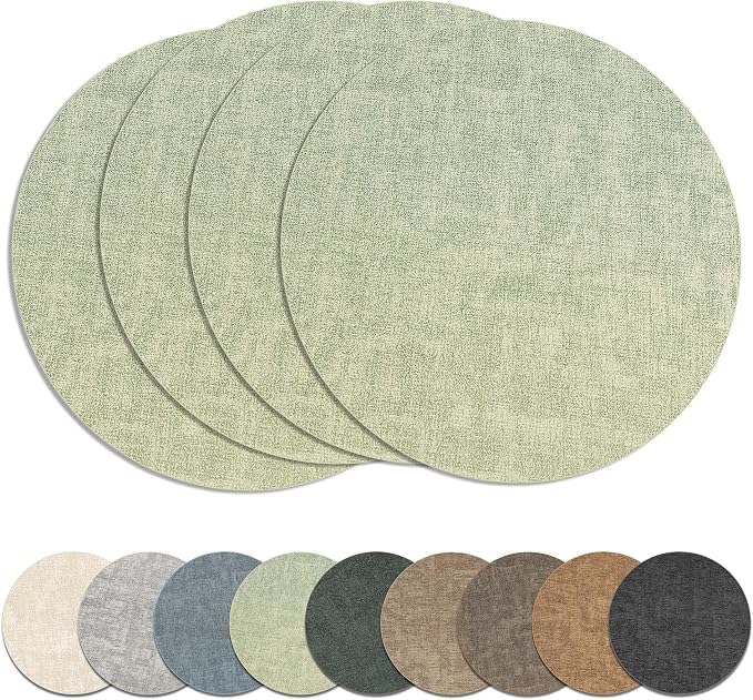 13" Round Placemats Set of 4, Reversible Faux Leather Wipeable Table Mats | 2mm Vinyl Heat Resistant Waterproof Oilproof Scratch Proof Non-Slip, Washable for Kitchen Dining Indoor Outdoor (Light Green)