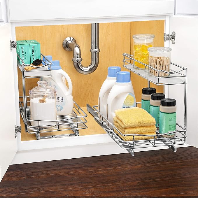 LYNK PROFESSIONAL® Pull Out Under Sink Kitchen Cabinet Organizer - 11.5 in. x 18 inch deep Drawer - Sliding Shelf Organizer for Cabinets and Undersink Storage Shelves - Lifetime Ltd. Warranty – Chrome