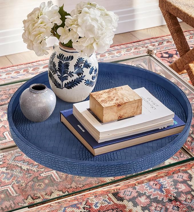 HofferRuffer Round Serving Tray 20'', Elegant Faux Leather Circle Ottoman Table Tray, Serve Tea Coffee Breakfast in Bedroom Living Room Kitchen (Blue, 20")