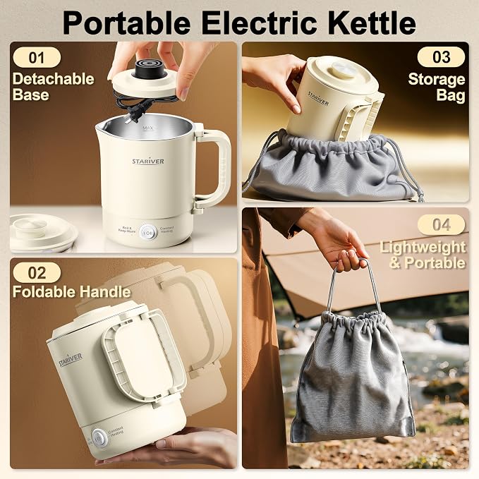 Stariver 0.6L Portable Electric Kettle, Stainless Steel Travel Kettle | Foldable Handle, Collapsible Design, Dual Power Modes, Compact for RV, Camping, Overheat & Boil-Dry Protection, Lightweight