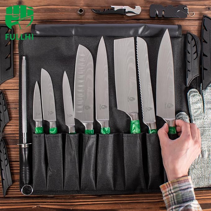 FULLHI 15pcs Japanese Knife Set with Magnetic Knife Block Holder, Japan Stainless Steel Blades, Green Resin Ergonomic Handles for Professional and Home Cooking