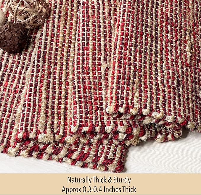 Natural Jute Table Runner 13x36 Inch – Vintage Boho Rustic Table Decor – Handwoven Table Runner in Natural Jute and Red – Farmhouse Dining or Console Table Accent