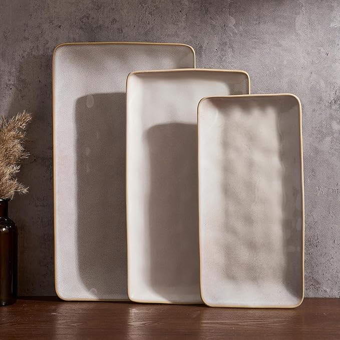 Famiware Serving Platters Set of 3 Sizes - Rectangular, Cappuccino White | 15.67"/14.1"/12.6" Fine Stoneware Serving Trays for Party, Entertaining for Food, Turkey, Cheese, Microwave Dishwasher Safe