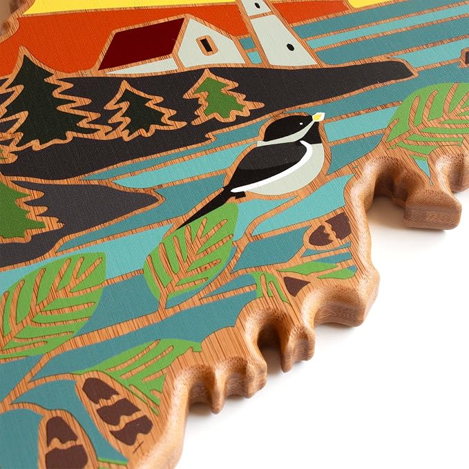 Totally Bamboo Maine State Shaped Cutting Board, Summer Stokes Art | State charcuterie board with colorful hand-drawn landscape art. Smooth reverse side for food prep. Hang tie for wall display.