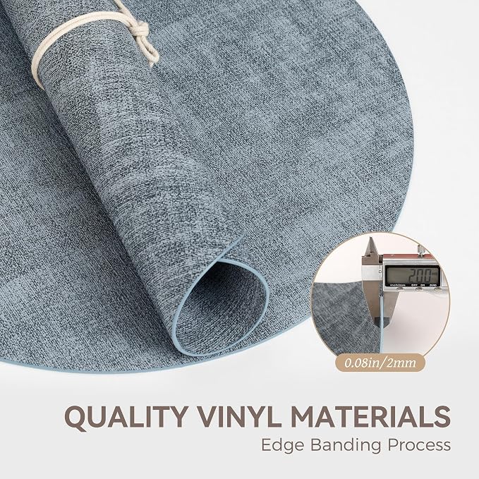 13" Round Placemats Set of 8, Reversible Faux Leather Wipeable Table Mats | 2mm Vinyl Heat Resistant, Waterproof Oilproof Scratch Proof Non-Slip, Washable for Kitchen Dining Indoor Outdoor (Light Blue)
