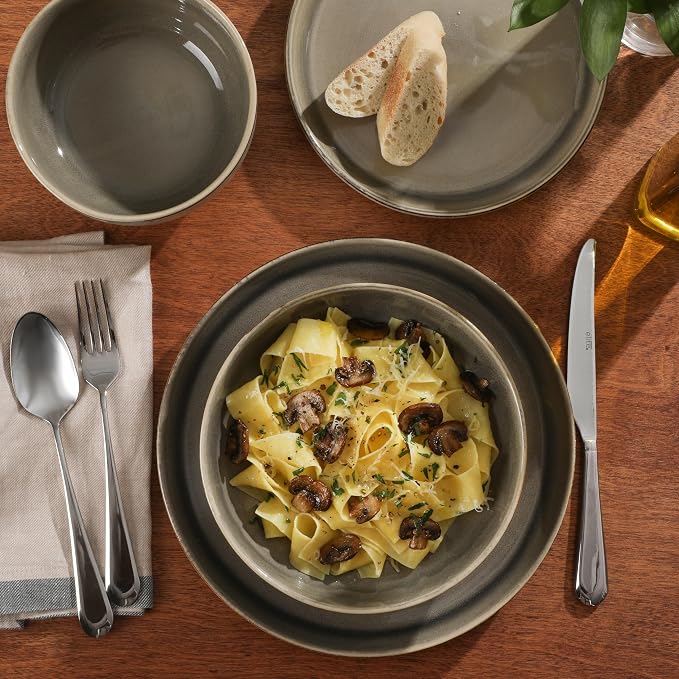 Gibson Elite Sunveil 16 Piece (Service for 4) Plates and Bowls Reactive Glaze Round Dishes Stoneware Ceramic Dinnerware Set - Light Taupe