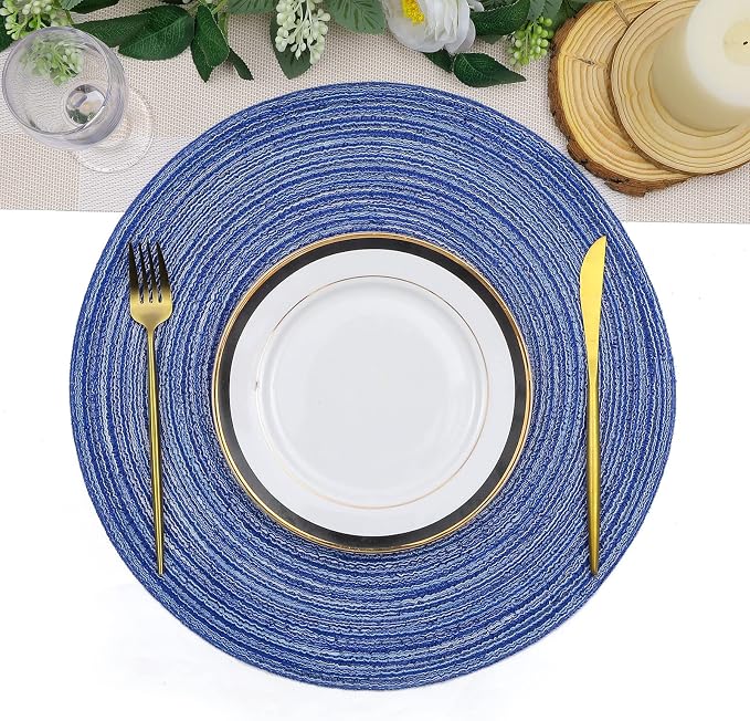 SHACOS Round Braided Placemats 15 inch Set of 6 Washable Kitchen Table Placemats for Home Wedding Party (Blue White, 6)
