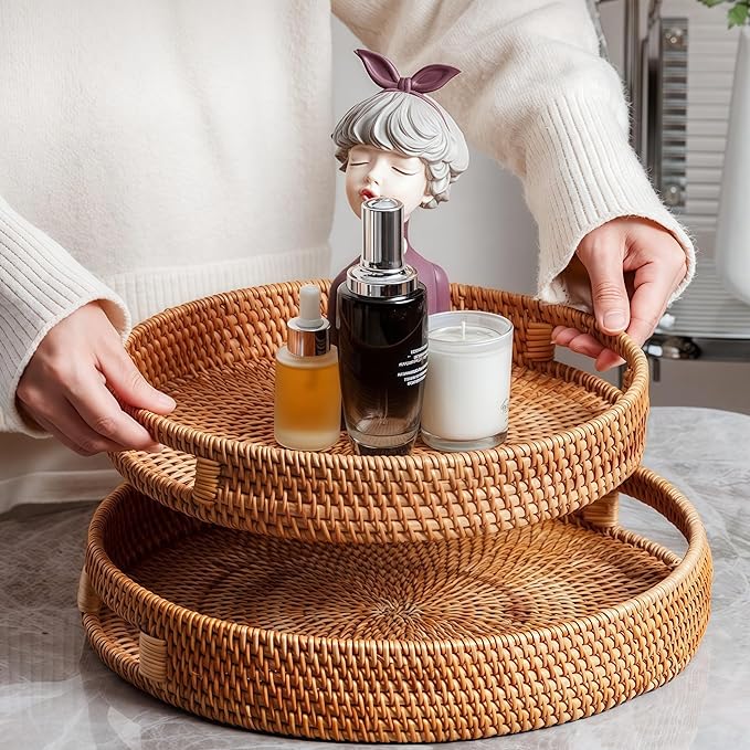 2 Pack Round Rattan Tray, Hand Woven Serving Tray with Handles, Wicker Serving Basket, Decorative Tray for Home Decor, Natural (11.8 + 14 inch)