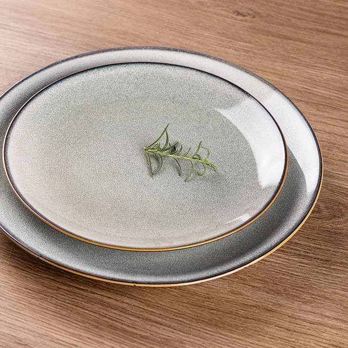 GBHOME Dinnerware Sets for 4, 12 Pieces Ceramic Plates and Bowls Set | Scratch Resistant Stoneware Dishes Set, Dishwasher & Microwave Safe, Reactive Glaze-Green Wheat