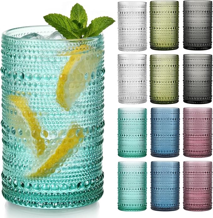 Moretoes12 Pack 12 Oz Vintage Drinking Glasses Set,Water Glass Cups | Colored Hobnail Drinking Glasses Kitchen Bar Tumbler Glassware Set for Whiskey, Beer, Juice, Milk and Various Mixed Drinks