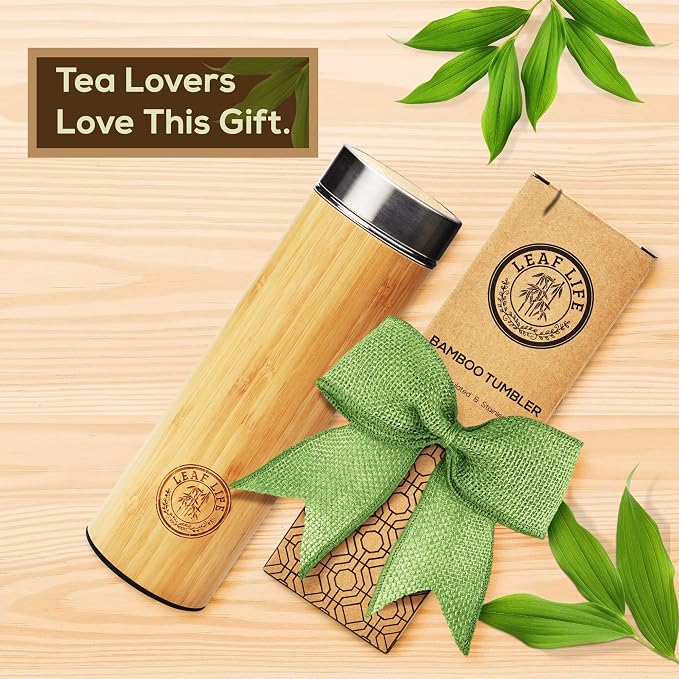 LeafLife Premium Bamboo Tea Tumbler with Infuser for Loose Leaf Tea | Insulated Coffee Bottle, Stainless Steel Gift Set, Leakproof Travel Mug, 22oz