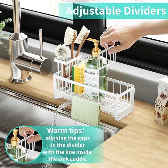 HapiRm Sponge Holder for Kitchen Sink - Self-draining Sink Caddy with Brush and Dishcloth Holders, Stainless Steel Kitchen Organizer for Countertop - White