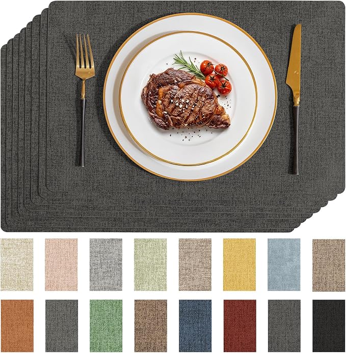 Romanstile Vinyl Placemats Set of 8-12 X 17 Inch - Faux Leather 100% Waterproof Wipeable Anti Slip Place Mats, Heat Resistant Reversible PU Table Mats for Kitchen Dining Party Outdoor, Charcoal