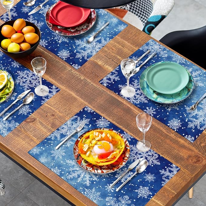 Winter Blue Snowflake Placemats Set of 4 Merry Christmas Snowflakes Linen Fabric Table Mats Seasonal Xmas Holiday Washable Place Mats for Party Kitchen Dining Outdoor Indoor Decor