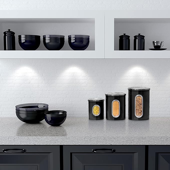 Mixpresso 3-Pcs Black Canisters Set for Kitchen Storage Airtight Jars | See-through window, coffee container, tea organizer, sugar canister, 3 nesting sizes, counter decor, easy press-on lids