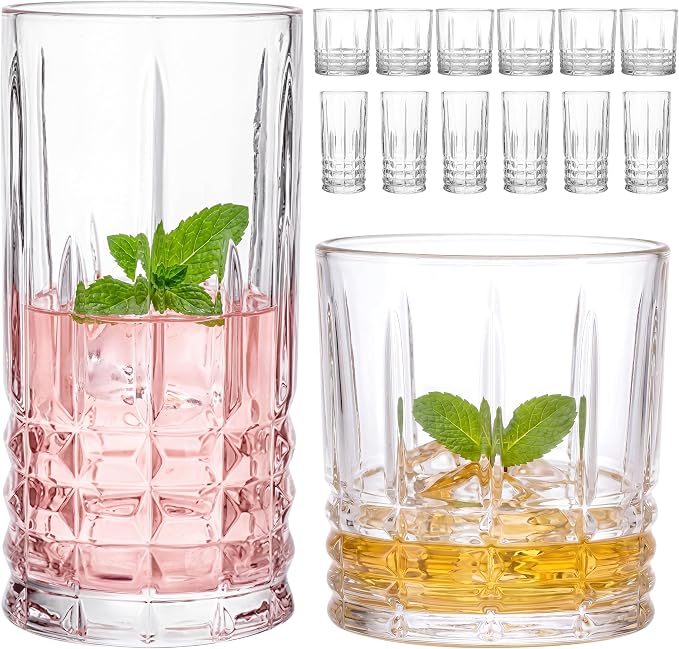 Moretoes Drinking Glasses Set of 12,Mixed Drink Cocktail Glass | 6 Highball Glasses 12 Oz,6 Rocks Glasses 10 Oz Vintage Glassware Sets for Whiskey, Cocktails, Water & Juice