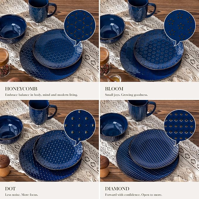 MALACASA 16 Pieces Dinnerware Sets, Farmhouse Plates and Bowls Sets, Embossed Blue Dish Set for 4, Vintage Relief Ceramic Dish Set with Mugs, Microwave and Dishwasher Safe, Series LYDIA