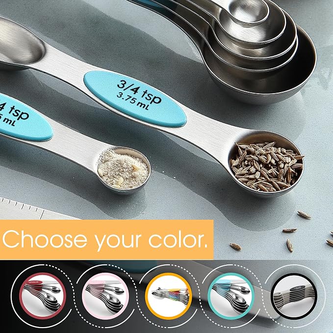 Spring Chef Stainless Steel 8 Magnetic Measuring Spoons, 2 Pack, Aqua Sky | Nesting Metal Teaspoon & Tablespoon Measuring Spoons with Leveler for Dry & Liquid Ingredients, Dual Sided, Dishwasher Safe