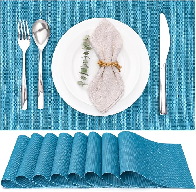 Myir JUN Placemats Set of 8 Kitchen and Dining Table Placemats | Vinyl Placemats Place Mats Indoor/Outdoor Set of 8 Washable Table Mats Non-Slip Place mats for Dining Table, Blue