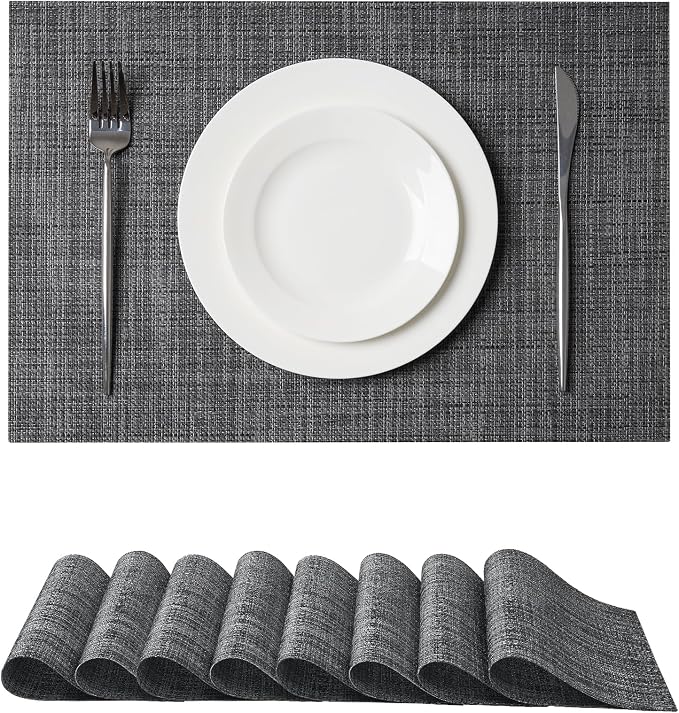 Leetaltree Black and Grey Woven Placemats Set of 8 - Heat Resistant Non-Slip Place mats for Dining Table, Washable Durable PVC Vinyl Woven Table Mats(Black & Grey, 8)