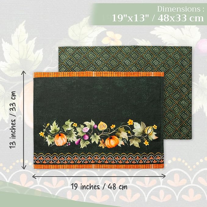 Maison d' Hermine Placemats Set of 4 Reusable 100% Cotton (13"x19") | Cloth Place Mats Washable Table Mats for Kitchen Dining Party Hotel Home Thanksgiving Christmas - Pumpkin Garden - Dark Green