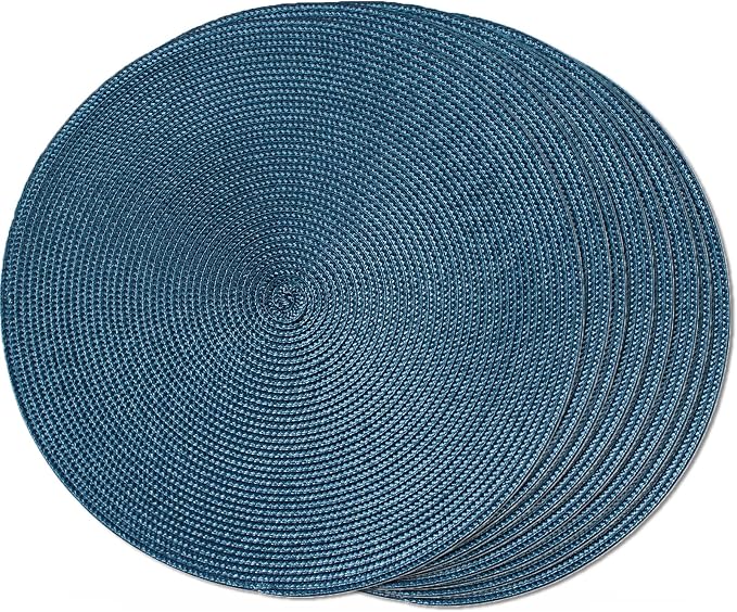 FunWheat Round Braided Placemats Set of 8 Place Mats for Dining Table Woven Washable Non-Slip Table Mats 15 Inch(Blue,8pcs)