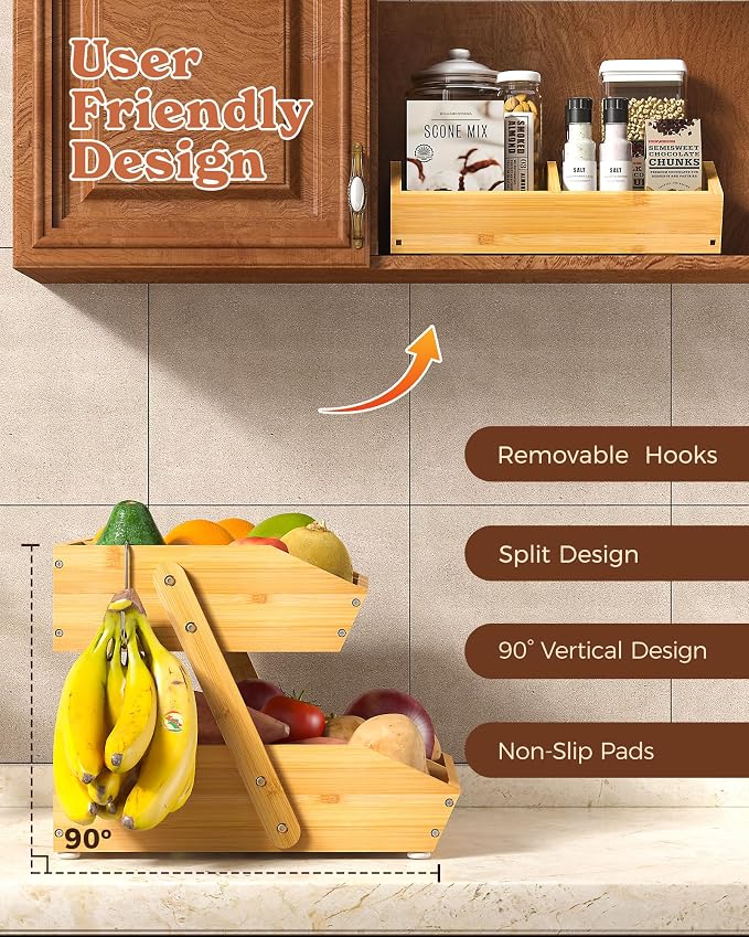 2-Tier Bamboo Fruit Basket with 2 Banana Holders | Large tiered organizer for bread, snacks, veggies. Sturdy bamboo, includes mats & dividers. Easy to assemble.